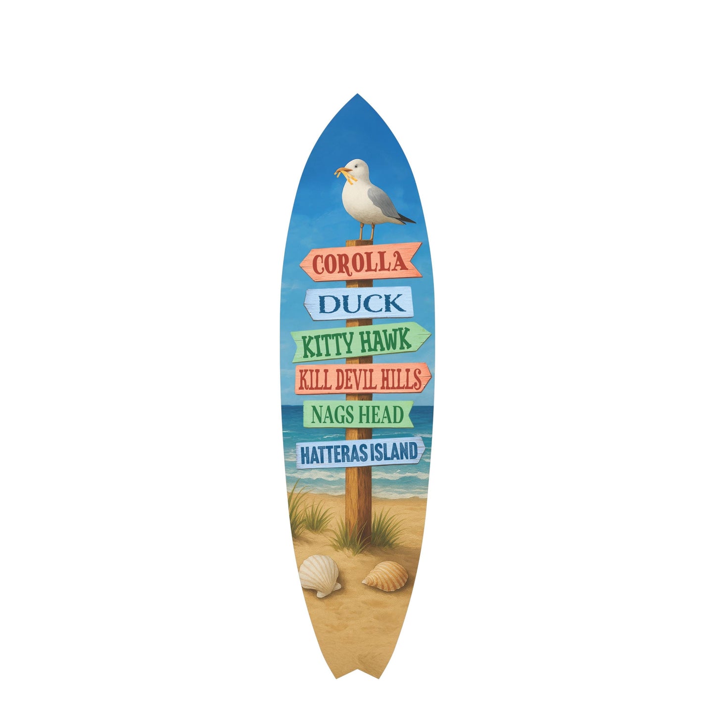 Outer Banks Surfboard Wall Art, Directional Beach Towns Sign, Weather-Resistant PVC Coastal Decor