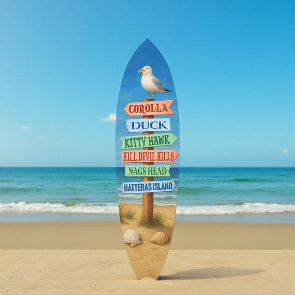 Outer Banks Surfboard Wall Art, Directional Beach Towns Sign, Weather-Resistant PVC Coastal Decor
