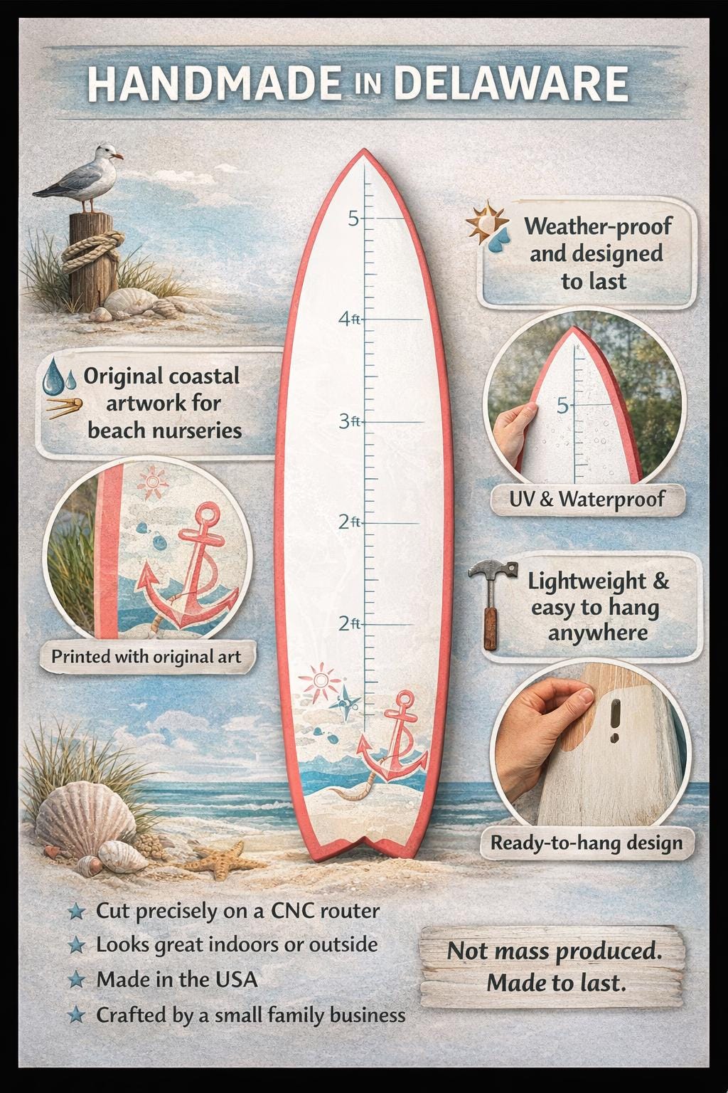 Surfboard Growth Chart for Kids, Ocean Nursery Height Chart, Personalized Beach Growth Chart, Sharks and Turtles