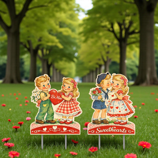 Premium Valentine Yard Sign Set – Vintage Sweethearts Design – 12 Inch Outdoor Decor with Stakes, 1950s Style