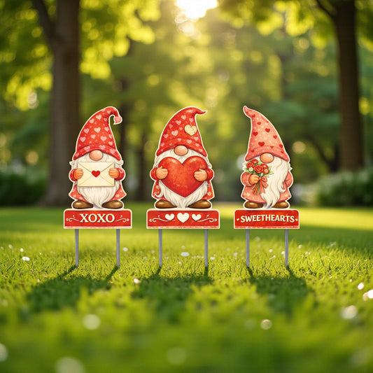 Premium Valentine Gnome Yard Sign – Set of 3 | Heavy-Duty PVC Outdoor Decor | 12” Tall + Metal Stakes | Reusable Year After Year