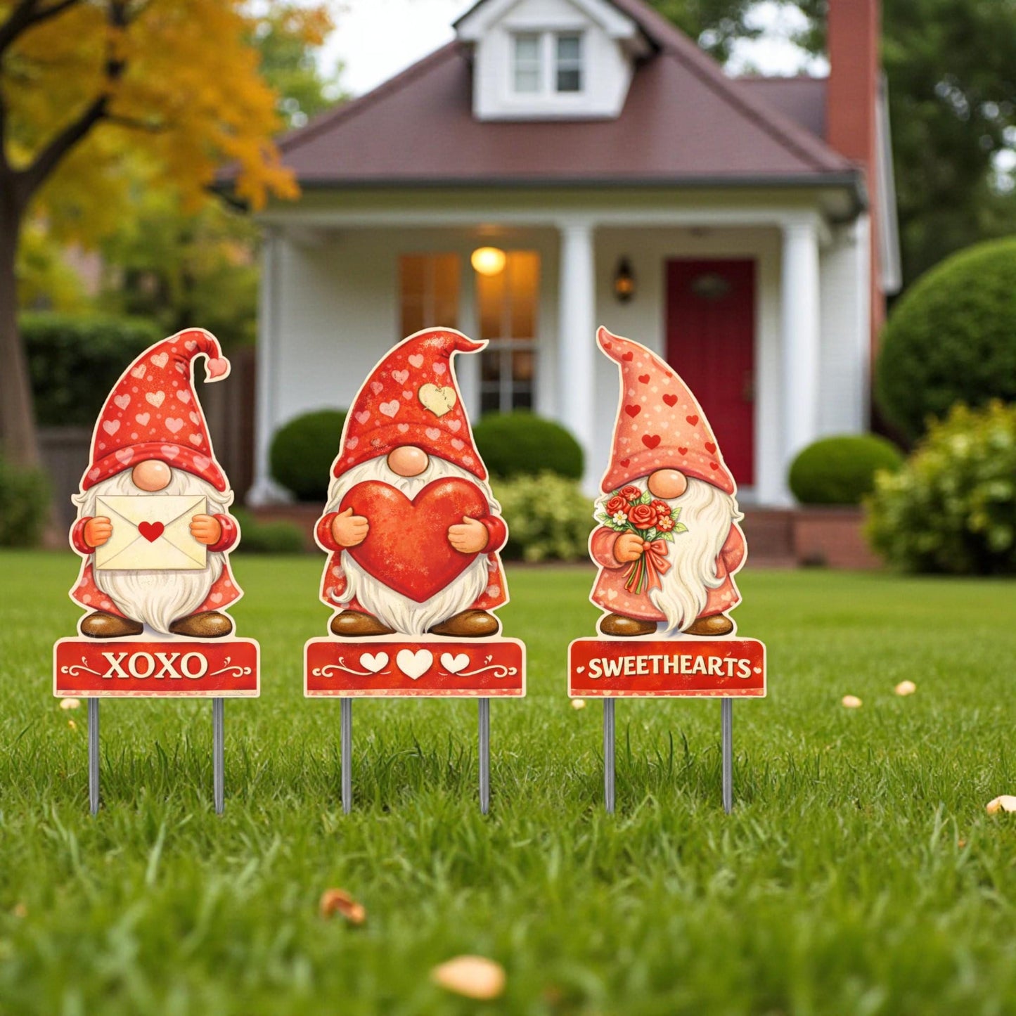Premium Valentine Gnome Yard Sign – Set of 3 | Heavy-Duty PVC Outdoor Decor | 12” Tall + Metal Stakes | Reusable Year After Year