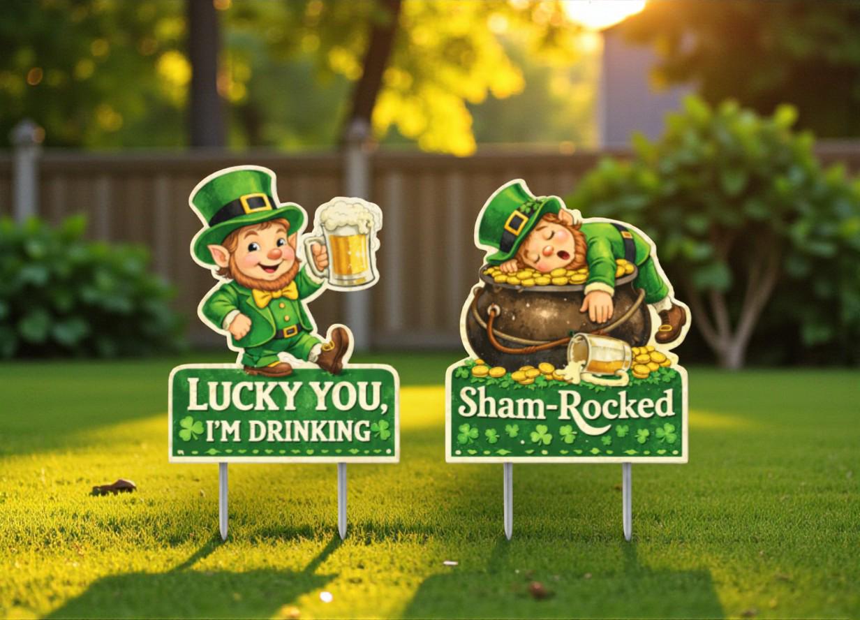 St. Patrick’s Day Gnome Yard Sign Set – Premium PVC Outdoor Decor | 12” Tall + Metal Stakes | Reusable Lawn Decorations
