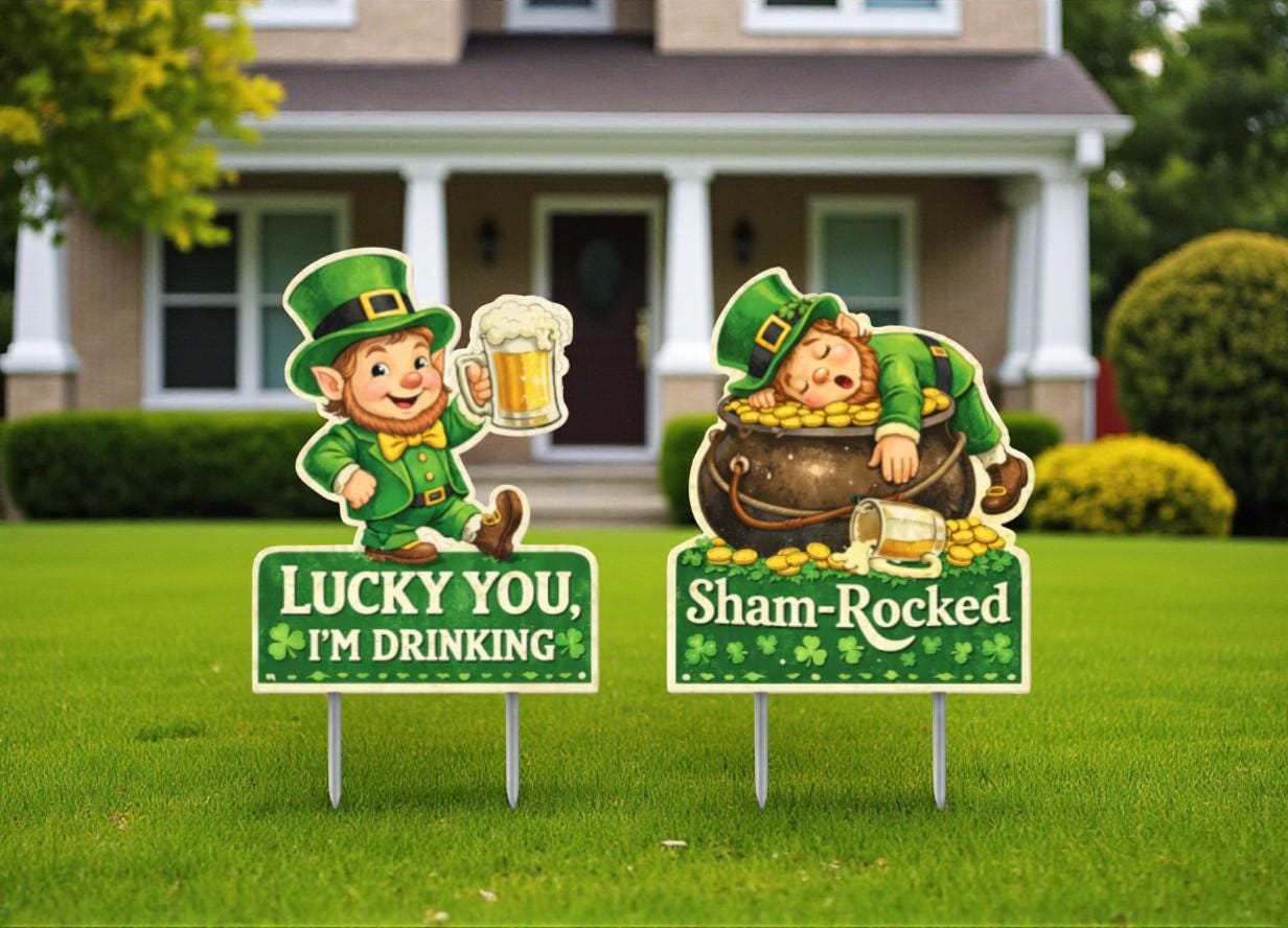 St. Patrick’s Day Gnome Yard Sign Set – Premium PVC Outdoor Decor | 12” Tall + Metal Stakes | Reusable Lawn Decorations