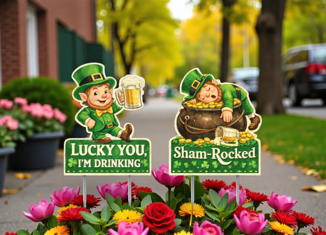 St. Patrick’s Day Gnome Yard Sign Set – Premium PVC Outdoor Decor | 12” Tall + Metal Stakes | Reusable Lawn Decorations