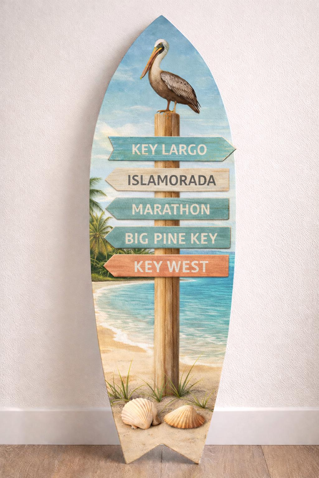 Florida Keys Surfboard Sign – Key Largo, Islamorada, Marathon, Big Pine Key & Key West | Coastal Beach House Decor