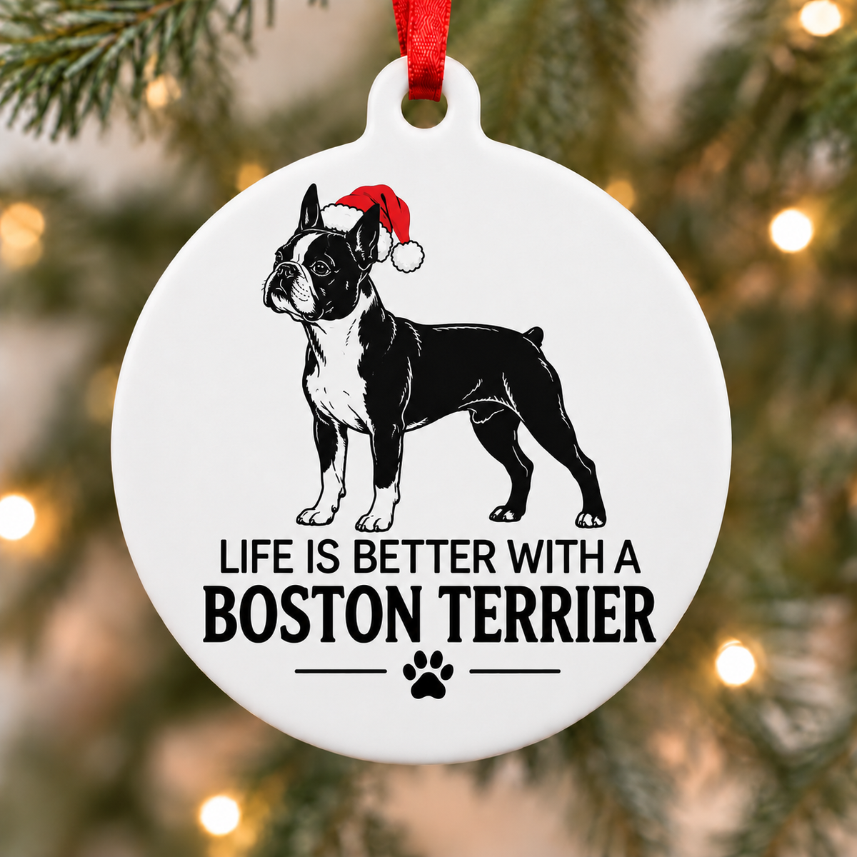 Life Is Better With a Boston Terrier Christmas ornament wearing a Santa hat on a decorated Christmas tree