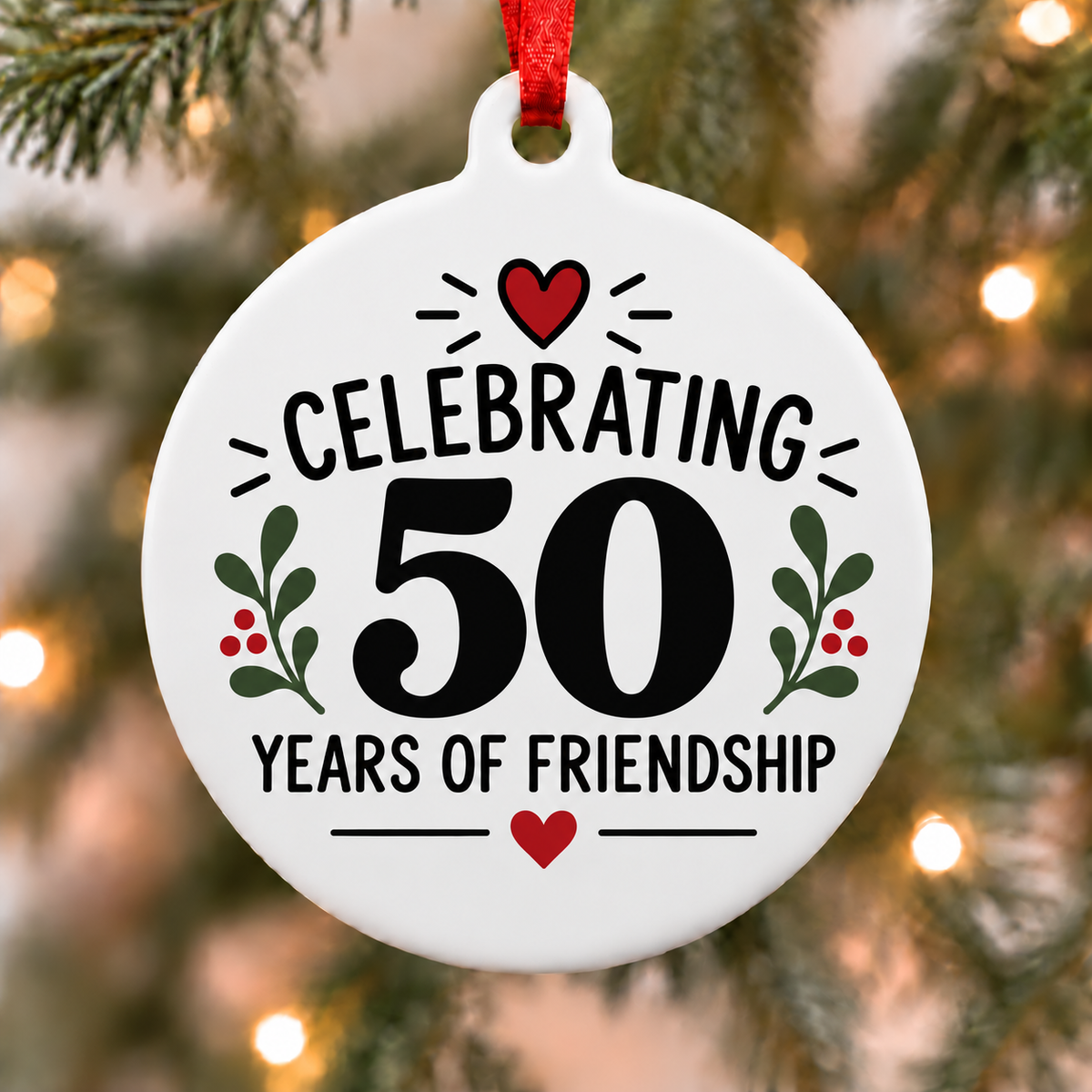 Celebrating 50 years of friendship Christmas ornament with hearts and holly