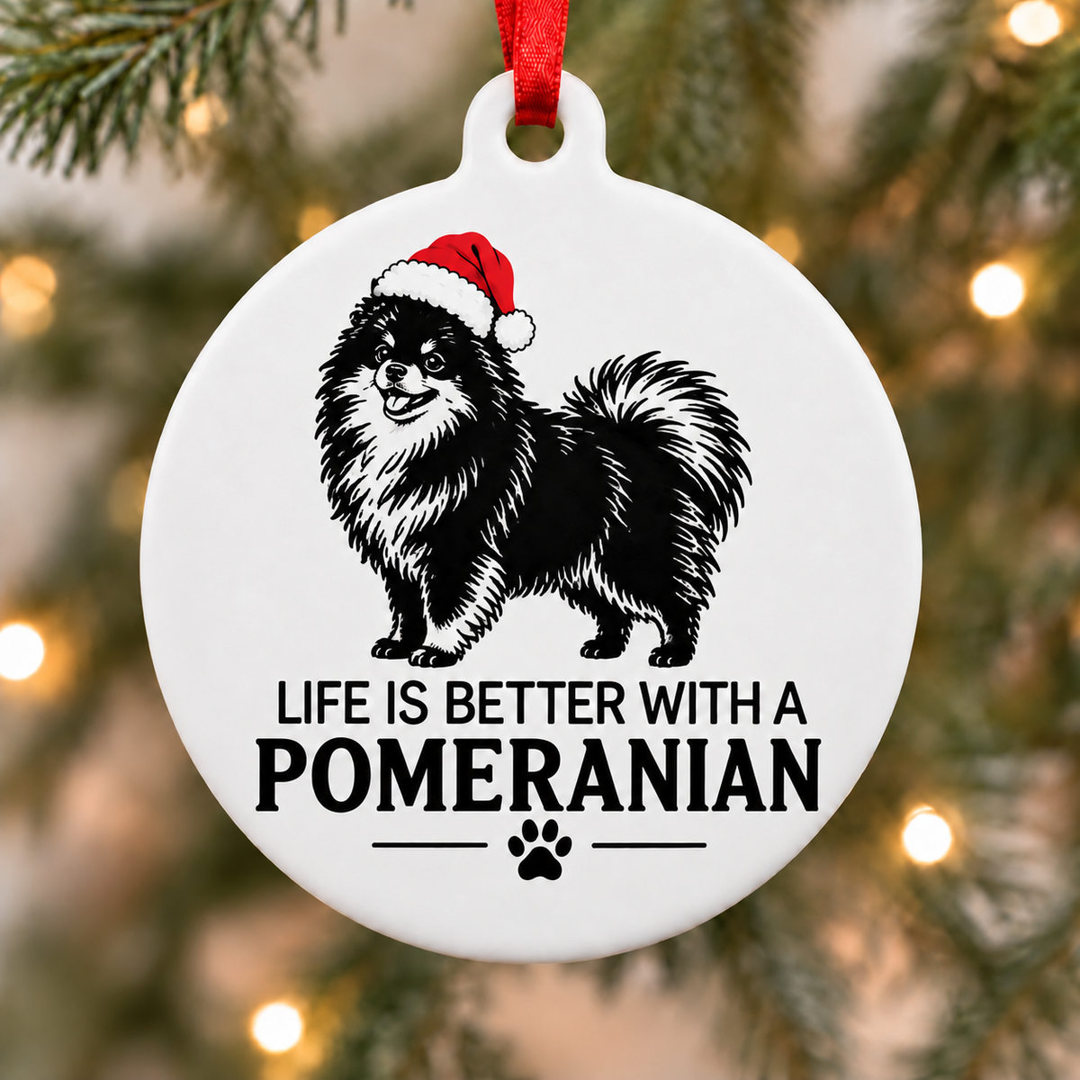 White round Christmas ornament showing a black and white Pomeranian wearing a Santa hat with the words Life Is Better With a Pomeranian