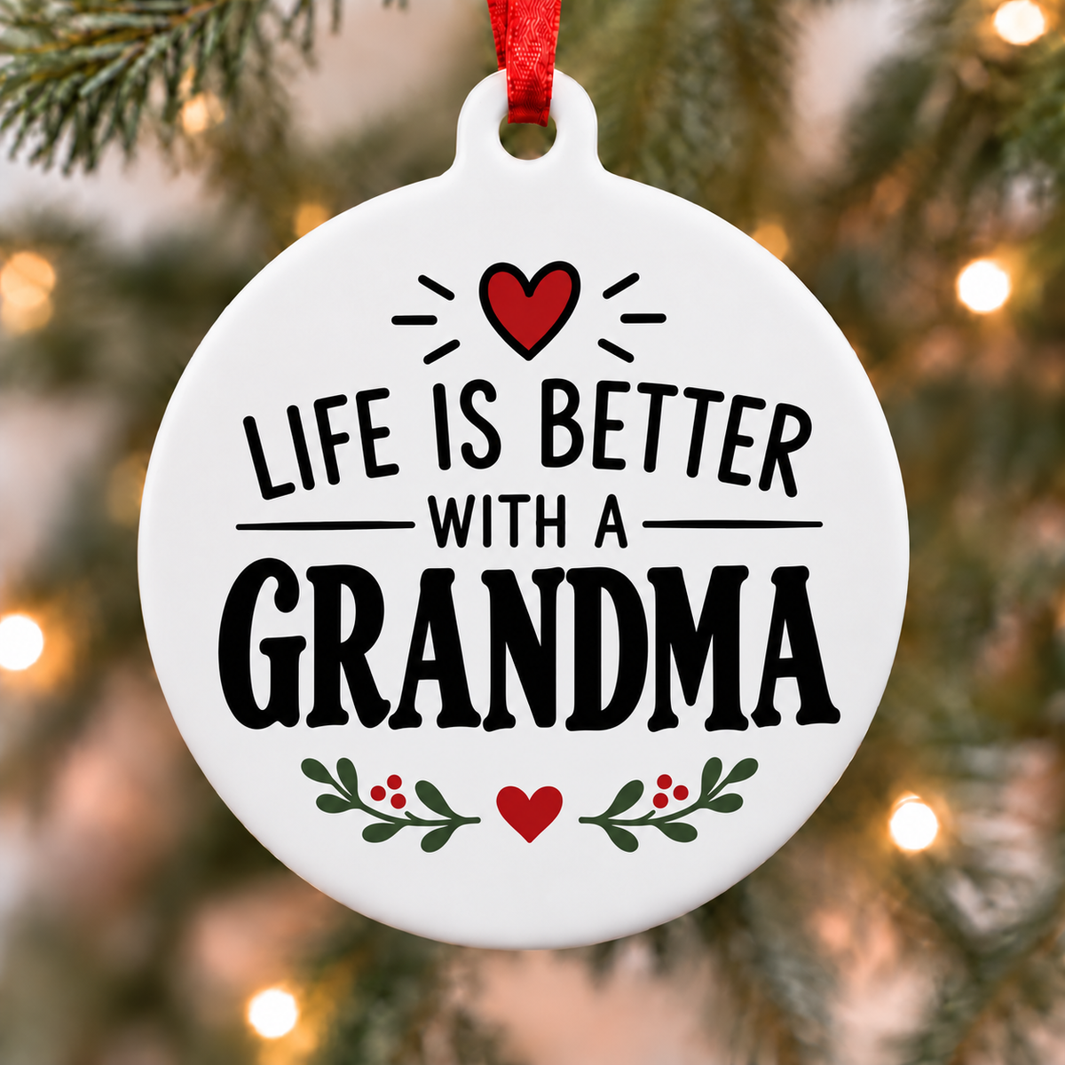 White round Christmas ornament reading Life Is Better With a Grandma with a red heart and green leafy accents