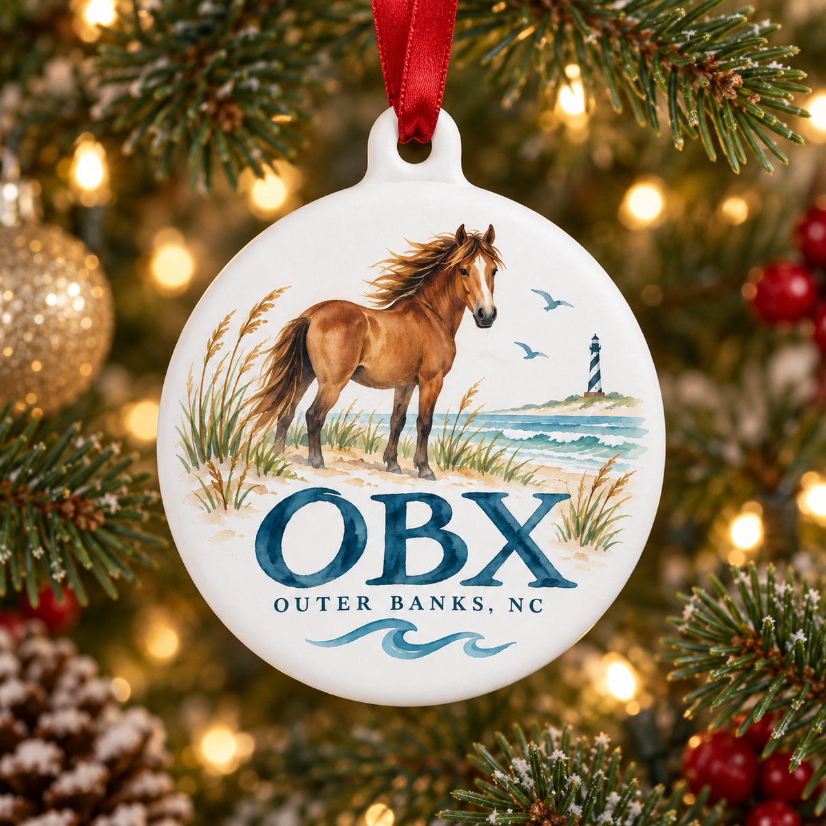 White round OBX Christmas ornament showing a beach horse, ocean waves, seagulls, grasses, and a lighthouse with Outer Banks NC text