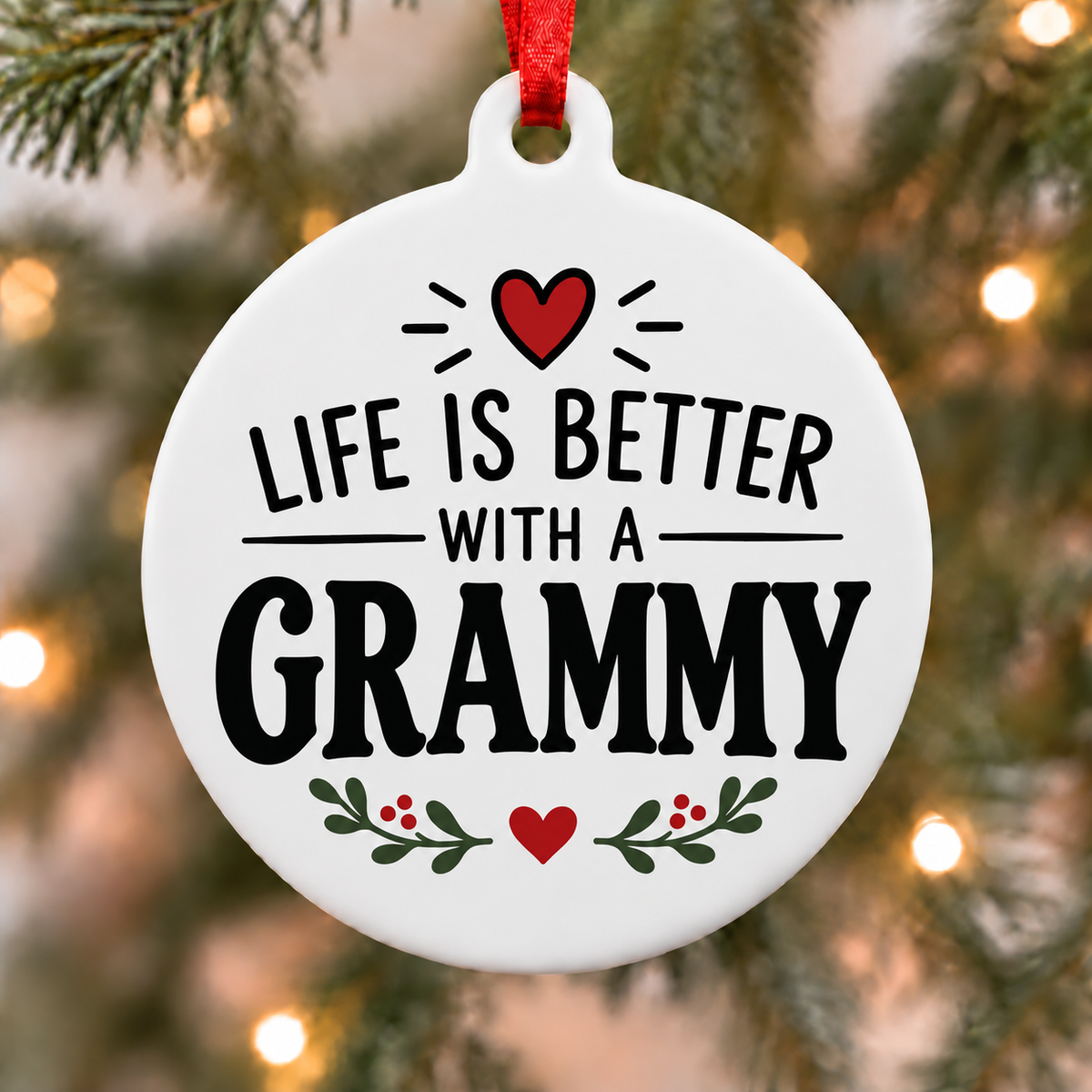 White round Christmas ornament reading Life Is Better With a Grammy, with red hearts and green botanical accents hanging on a Christmas tree