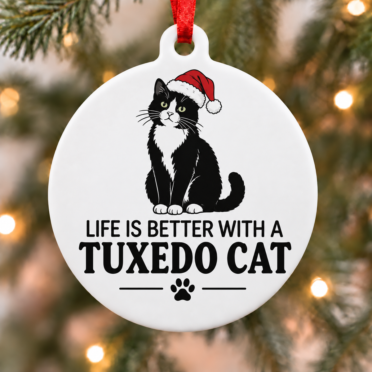 Black-and-white tuxedo cat wearing a red Santa hat on a round white Christmas ornament hanging on a decorated tree
