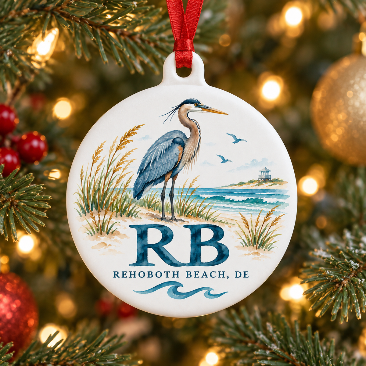 Blue heron standing by the dunes and ocean on a Rehoboth Beach Delaware Christmas ornament