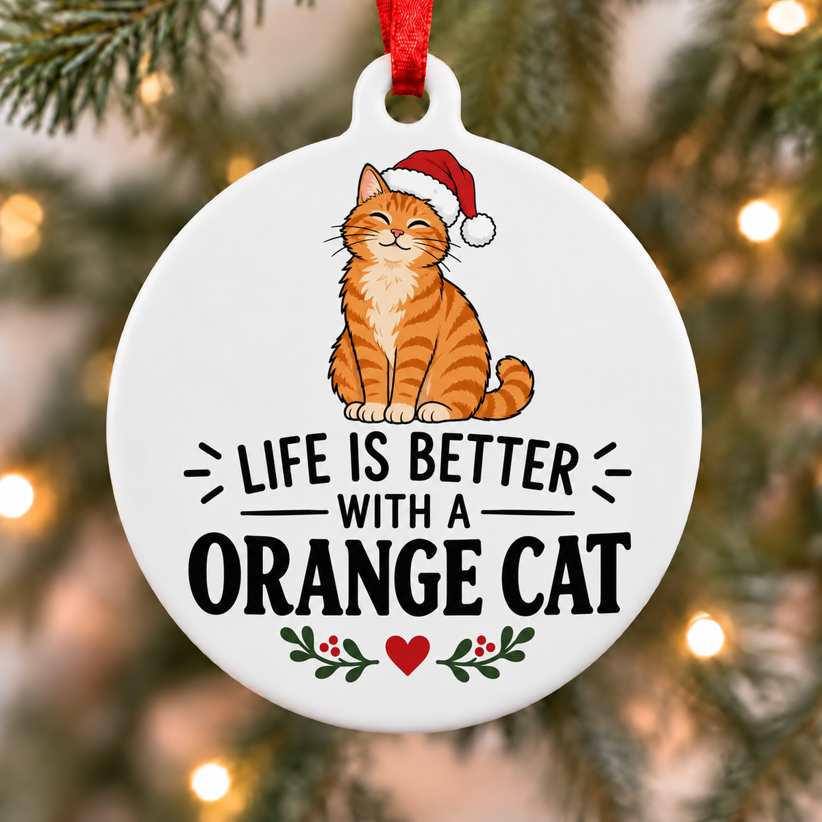 Orange tabby cat wearing a Santa hat on a round Christmas ornament