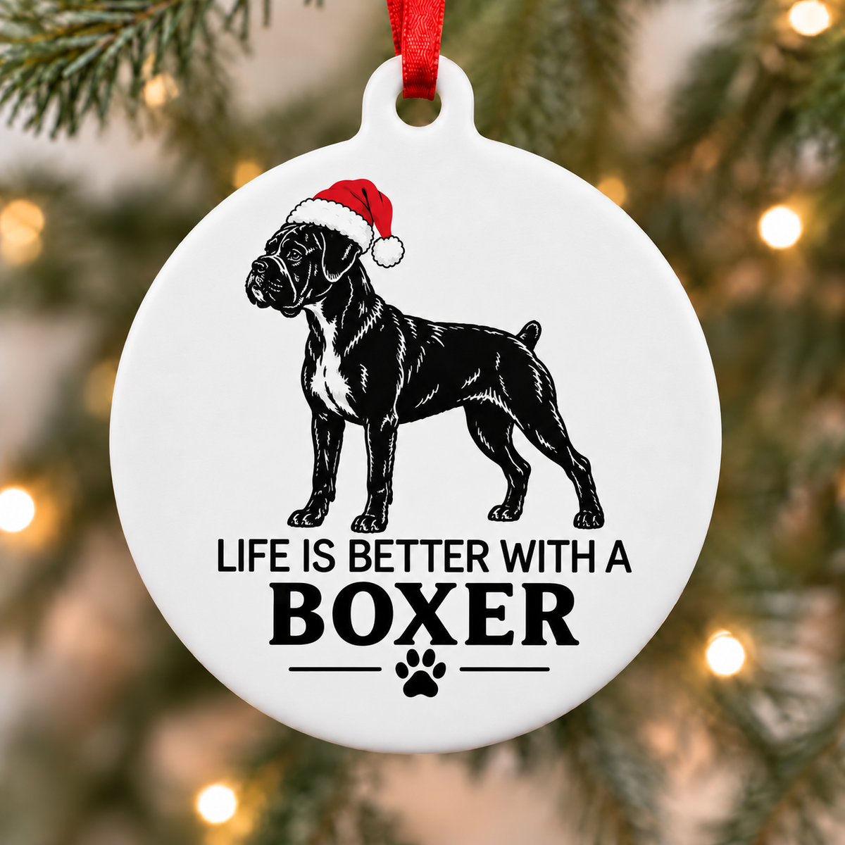 Life Is Better With a Boxer Christmas ornament wearing a Santa hat on a decorated Christmas tree