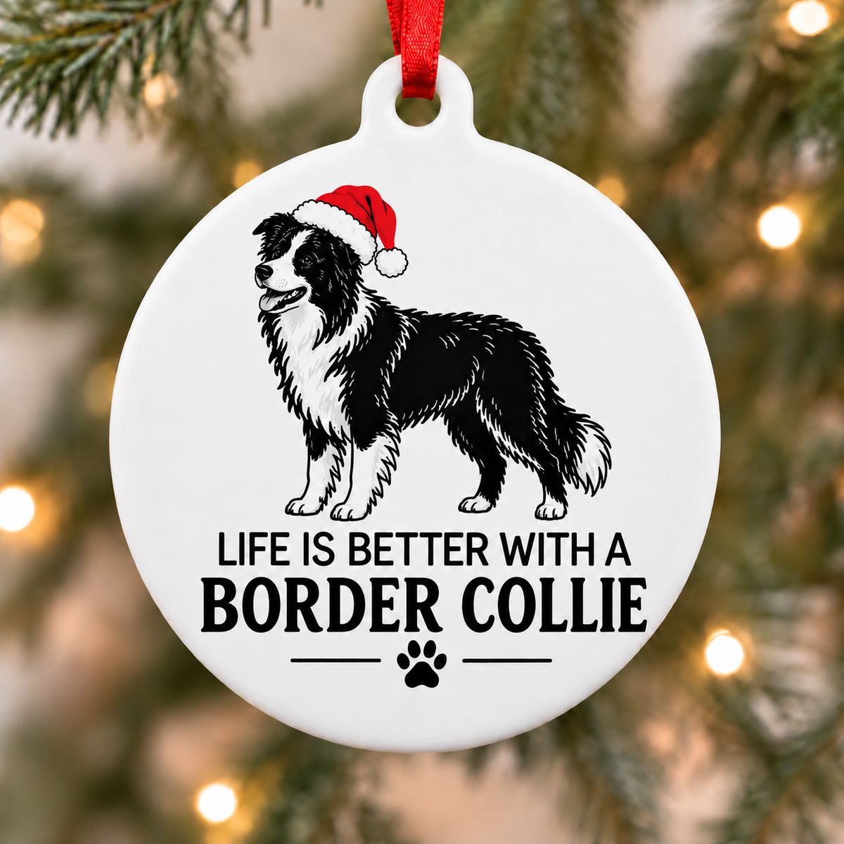 Life Is Better With a Border Collie Christmas ornament wearing a Santa hat on a decorated Christmas tree
