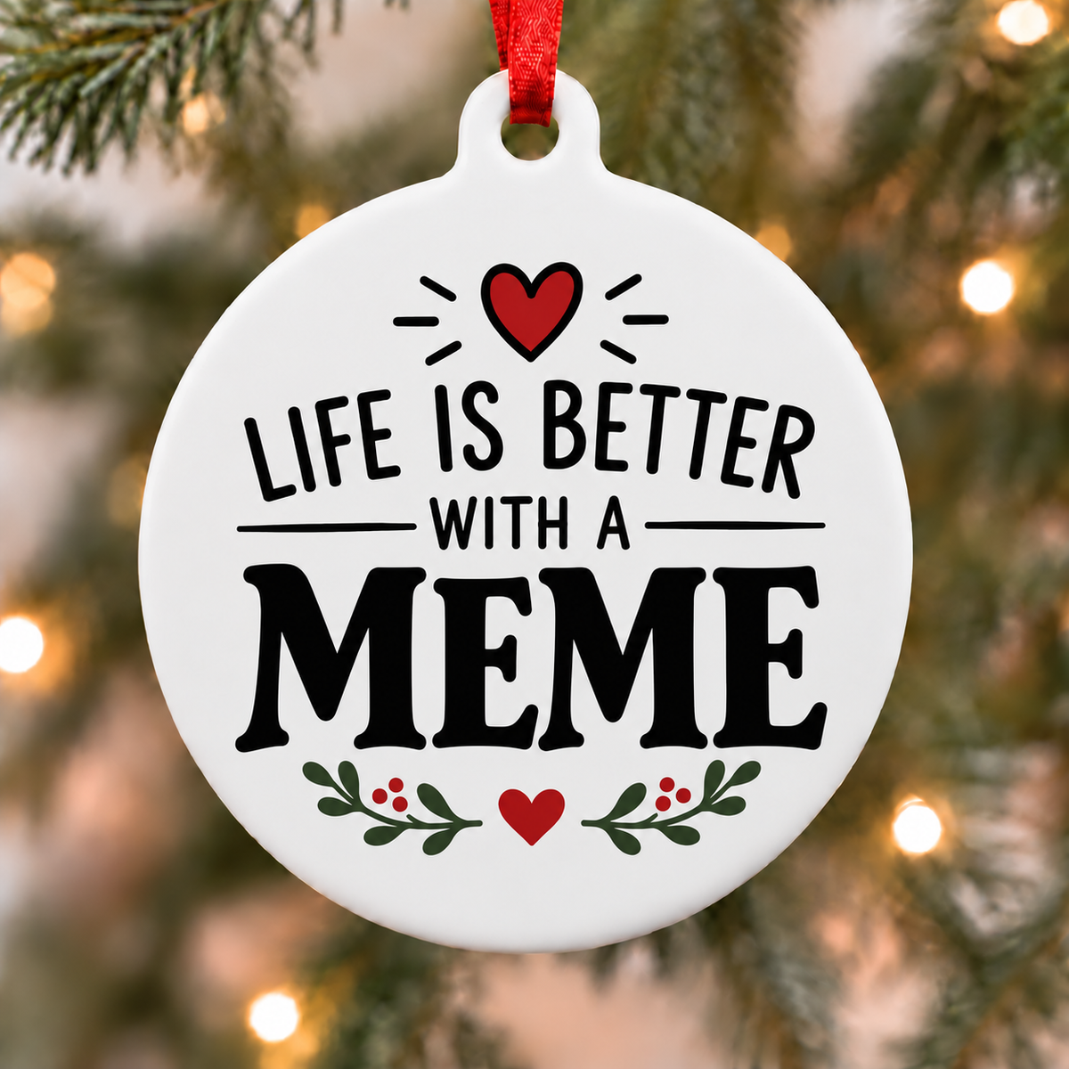Life Is Better With a Meme Christmas ornament hanging on a Christmas tree