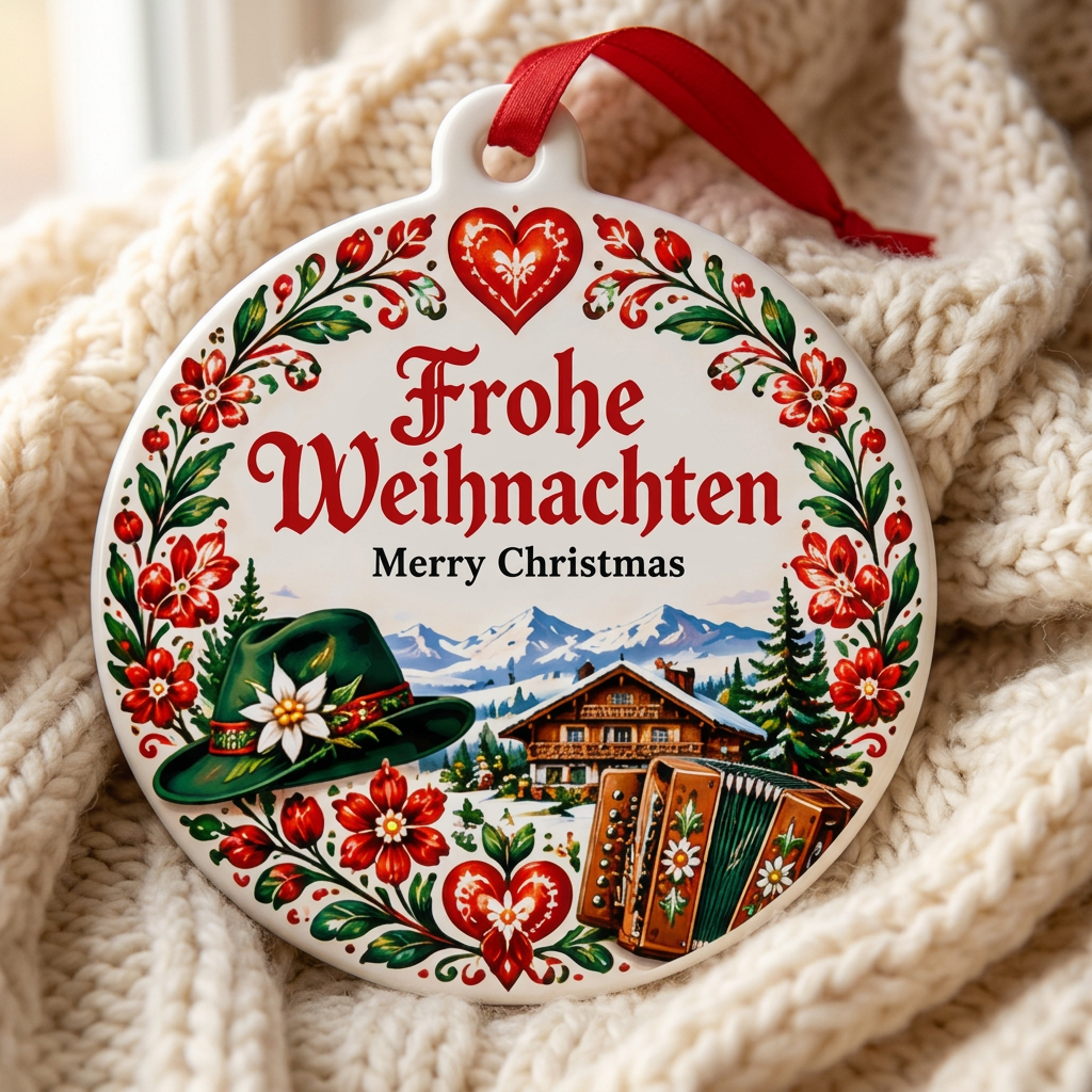 Austria heritage Christmas ornament resting on a cozy cream knit blanket.