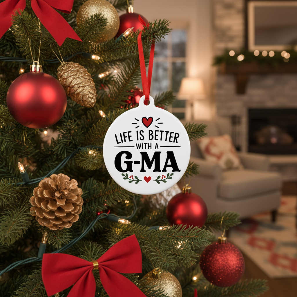Life Is Better With a G-Ma Christmas ornament hanging on a decorated Christmas tree in a cozy living room