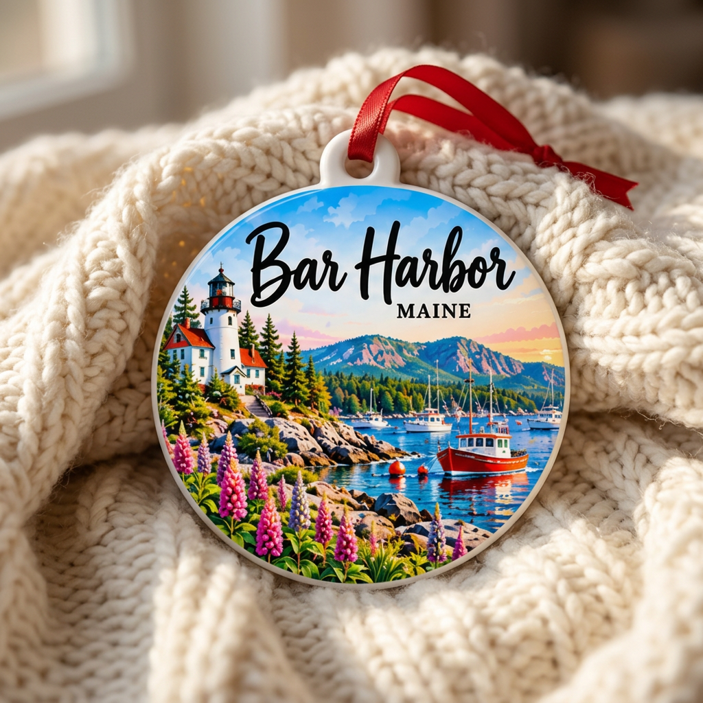 Bar Harbor Maine Christmas ornament resting on a cozy ivory knit blanket.