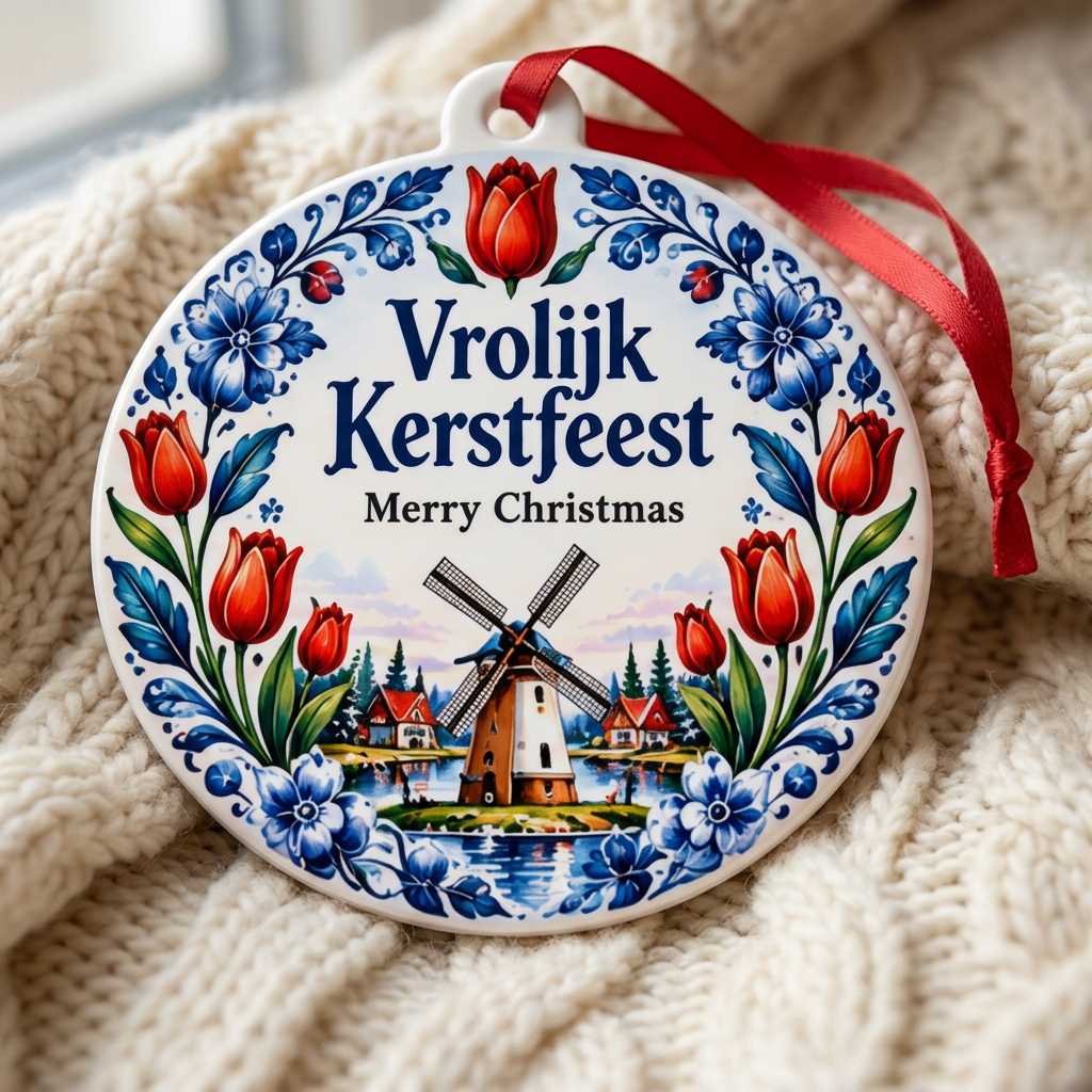 Netherlands heritage Christmas ornament resting on a cozy cream knit blanket