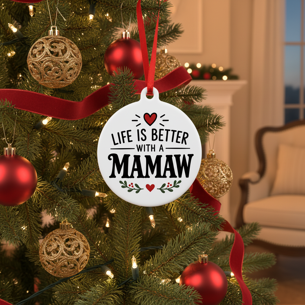 Life Is Better With a Mamaw Christmas ornament hanging on a decorated Christmas tree in a cozy living room