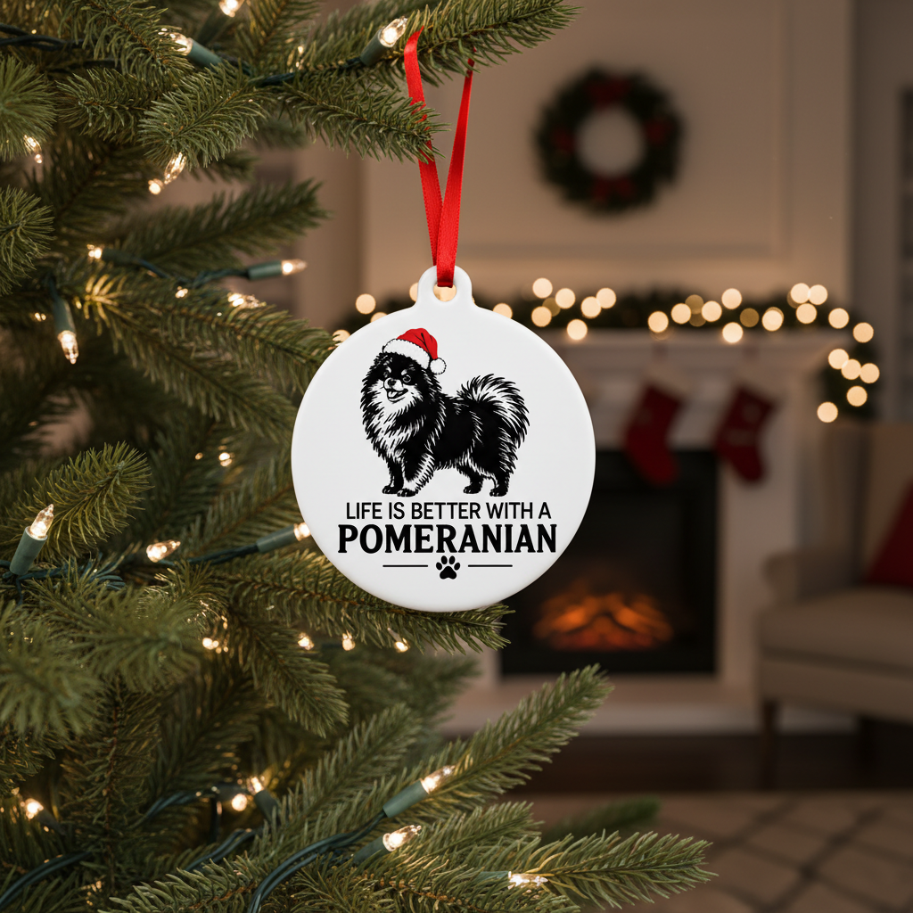 Pomeranian Christmas ornament hanging on a warmly lit tree in a cozy holiday home
