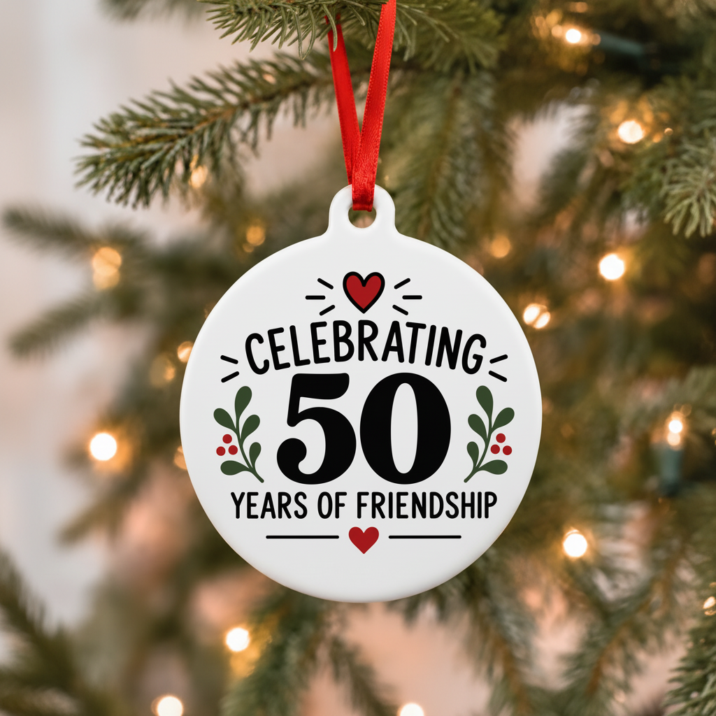 Celebrating 50 years of friendship Christmas ornament hanging on a decorated Christmas tree in a cozy living room