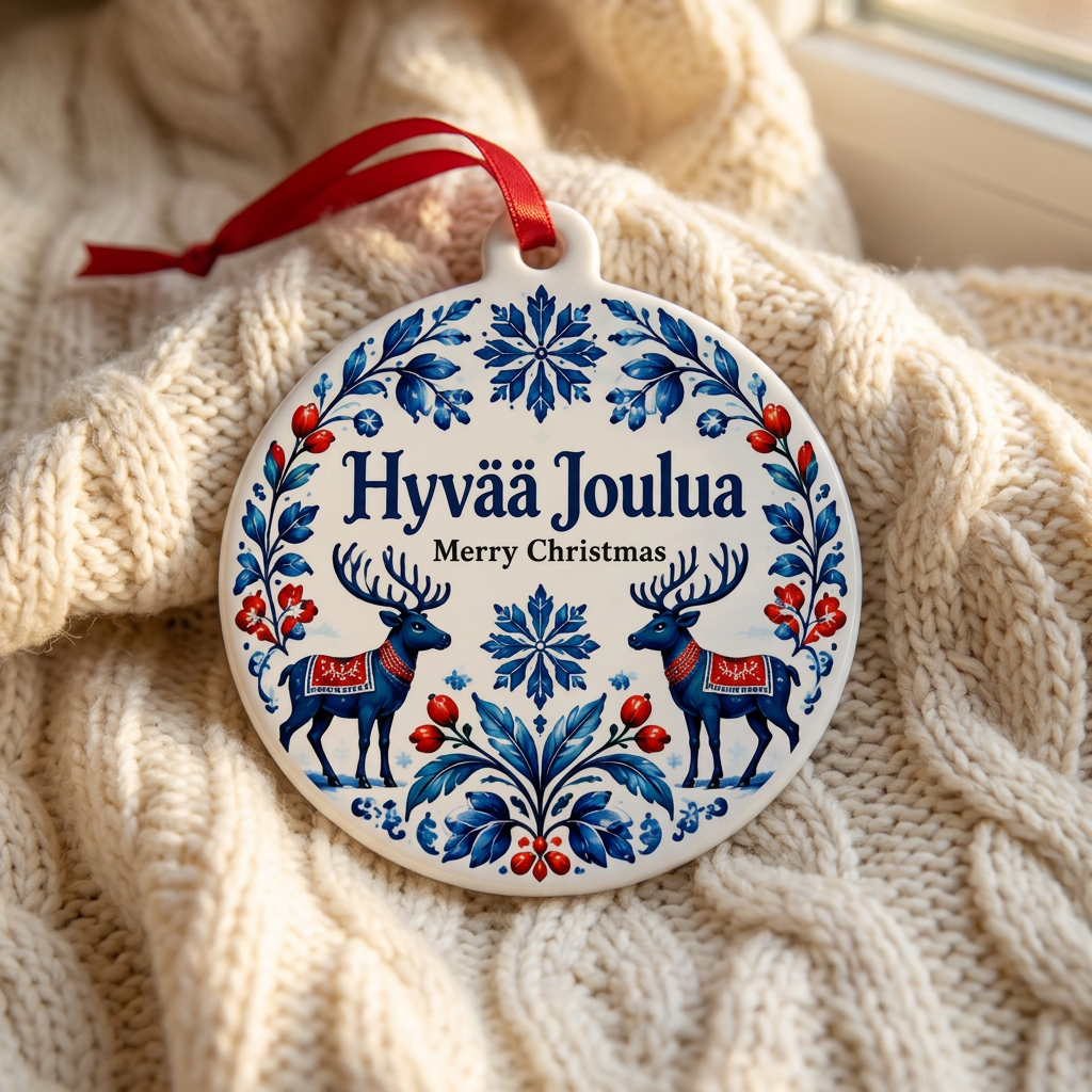 Finland heritage Christmas ornament resting on a cozy ivory cable-knit blanket.
