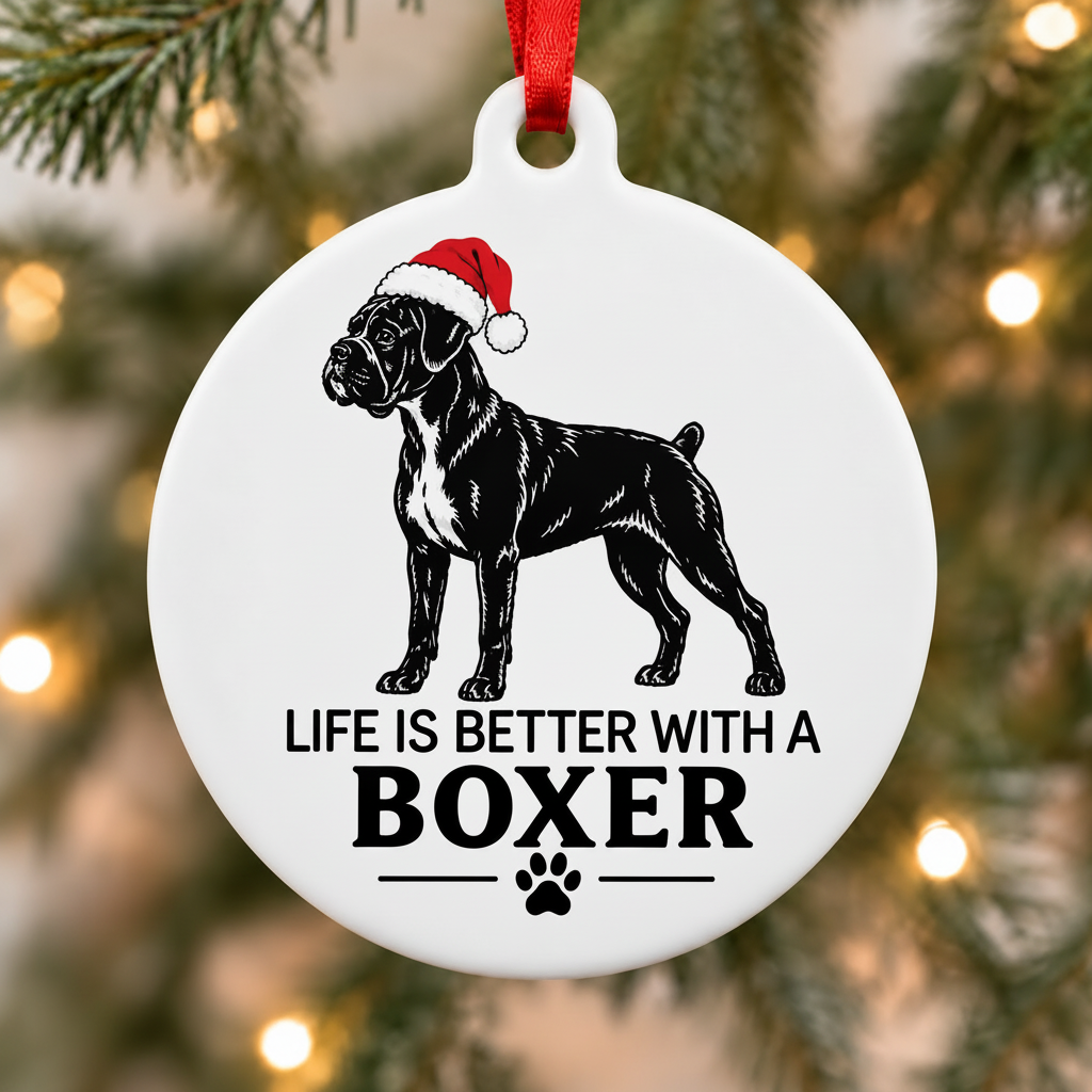 Life Is Better With a Boxer Christmas ornament hanging on a decorated Christmas tree in a cozy living room