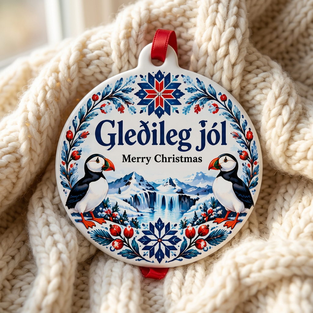 Iceland heritage Christmas ornament resting on a cozy ivory knit blanket.