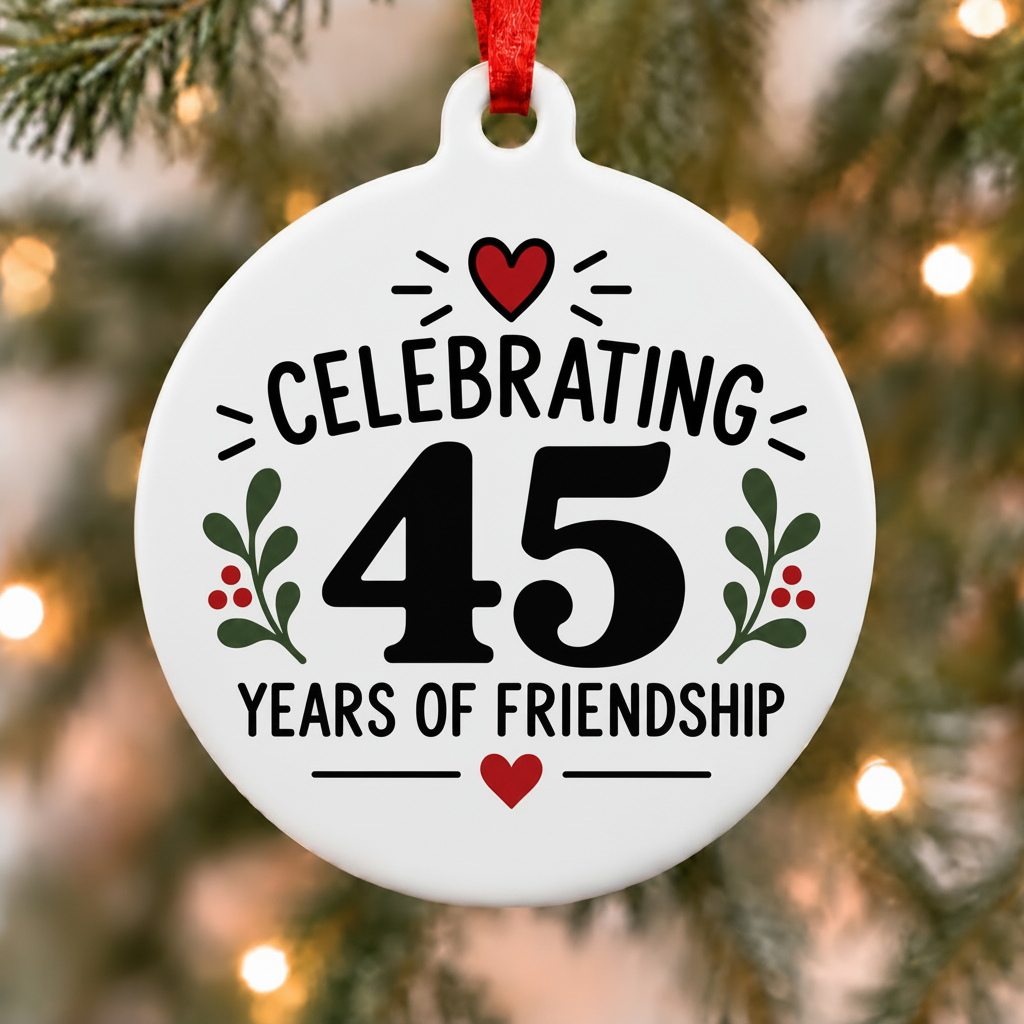 Celebrating 45 years of friendship Christmas ornament hanging on a decorated Christmas tree in a cozy living room