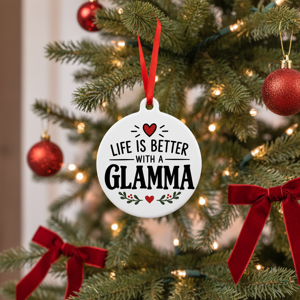 Life Is Better With a Glamma Christmas ornament hanging on a decorated Christmas tree in a cozy living room