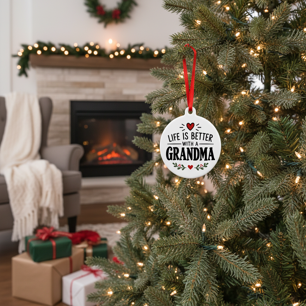 Grandma Christmas ornament hanging on a decorated Christmas tree in a cozy holiday living room