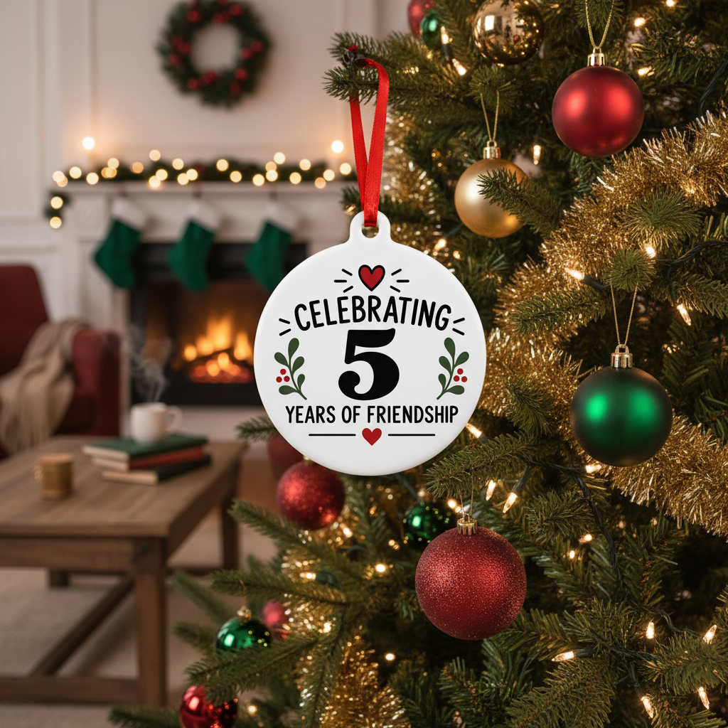 Celebrating 5 Years of Friendship Christmas ornament hanging on a decorated Christmas tree in a cozy holiday room