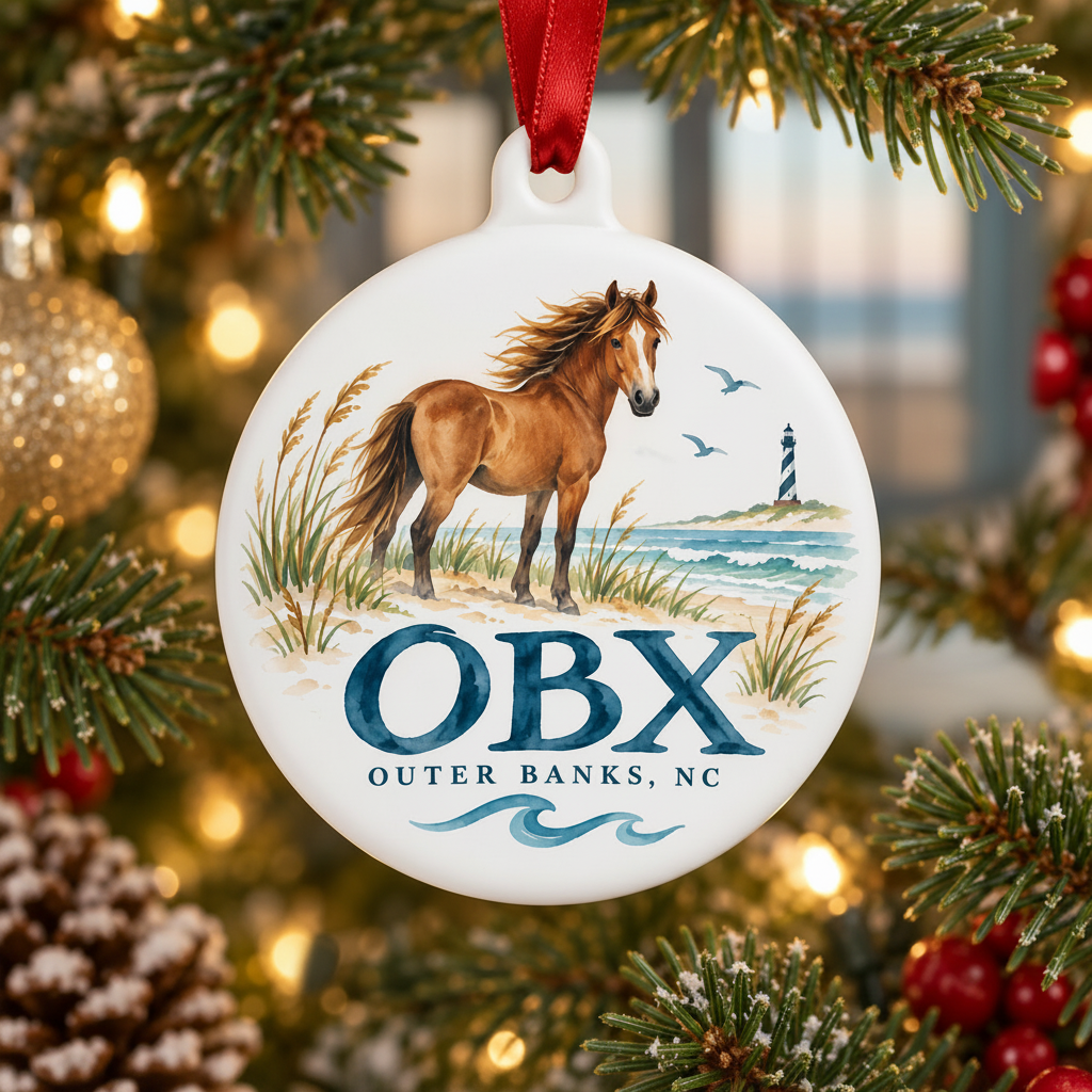 Outer Banks OBX horse and lighthouse Christmas ornament hanging on a decorated tree