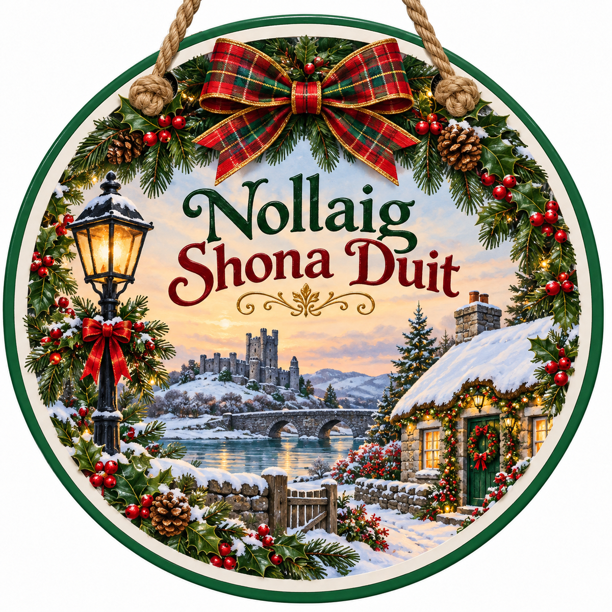 Irish Nollaig Shona Duit door hanger with rope passing through two board holes and two knots visible on the front.