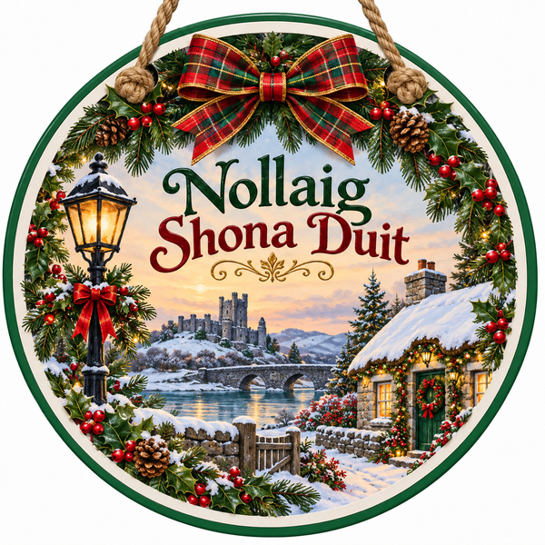 Irish Nollaig Shona Duit door hanger with rope passing through two board holes and two knots visible on the front.