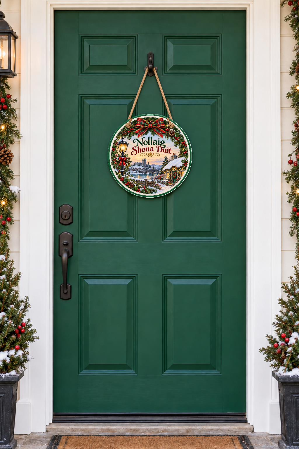 15¾-inch Irish Christmas door hanger on a front door, with two front-facing rope knots through the board.