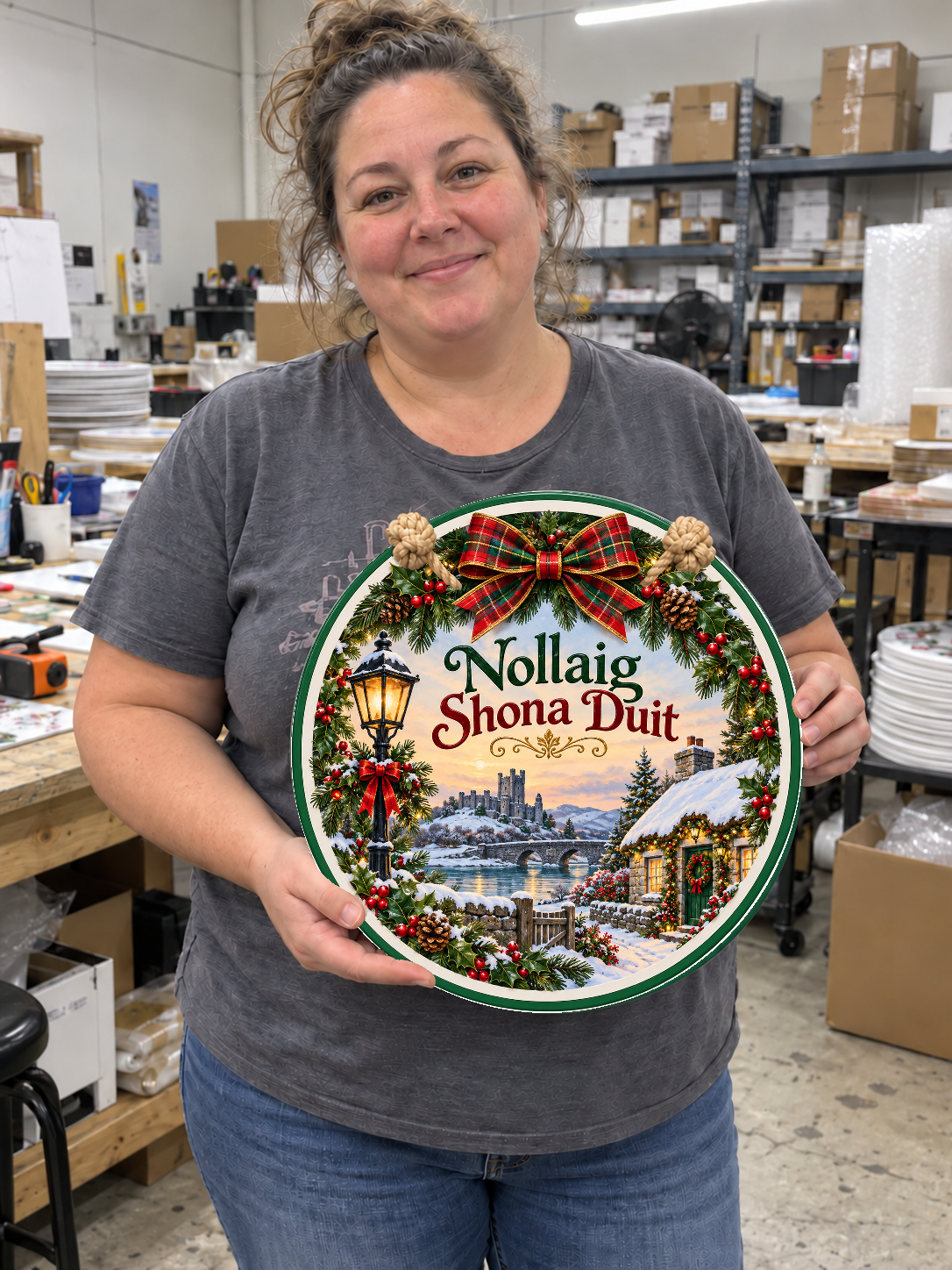 Irish Christmas door hanger held in a warehouse setting, showing the original artwork and front-facing rope knots.