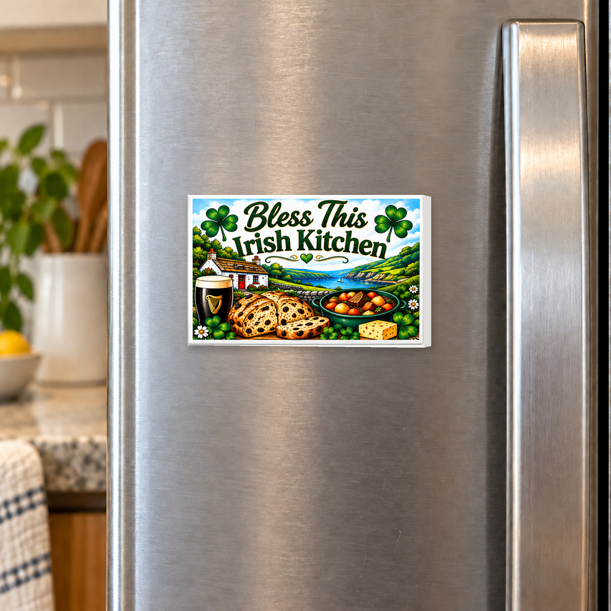 Bless This Irish Kitchen rectangular magnet shown front-facing on a refrigerator.