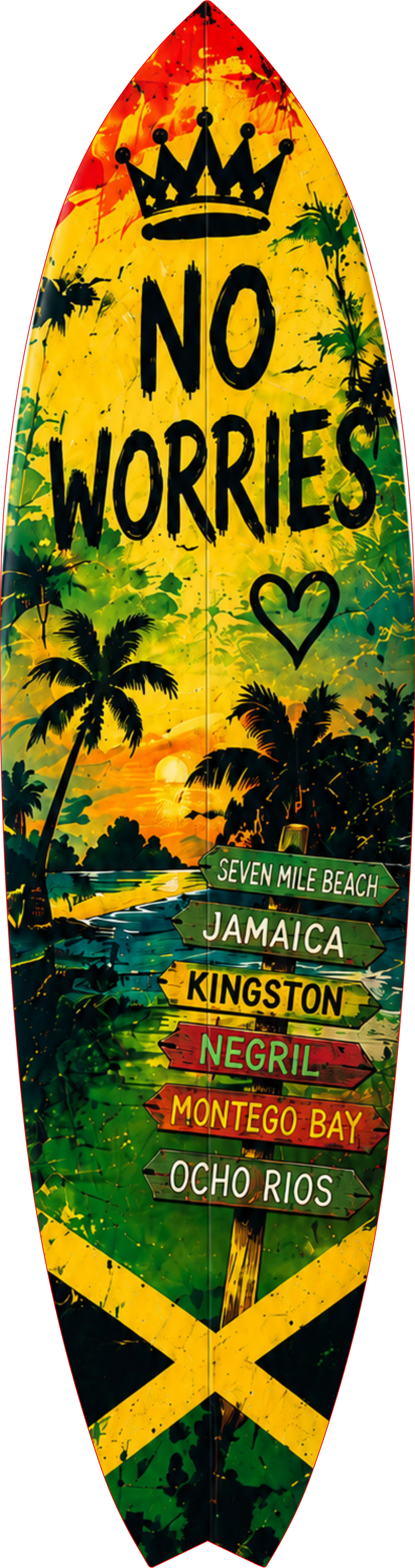 Outdoor Surfboard Wall Art Jamaica Good Vibes Sign with Sunset and Palm Trees, Beach House Tropical Coastal Decor Weatherproof PVC