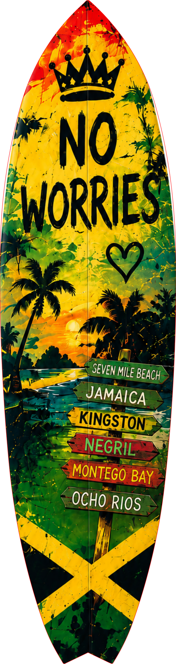 Outdoor Surfboard Wall Art Jamaica Good Vibes Sign with Sunset and Palm Trees, Beach House Tropical Coastal Decor Weatherproof PVC