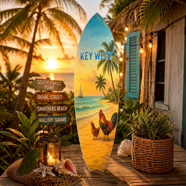 Key West Chicken Surfboard Wall Art: Beach Coastal Decor