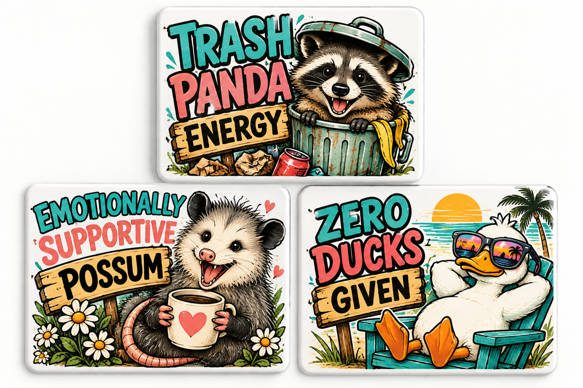 Cute but Feral three funny animal magnets on white background