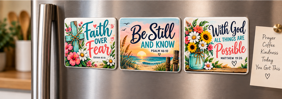 Three colorful Christian inspirational magnets displayed on refrigerator