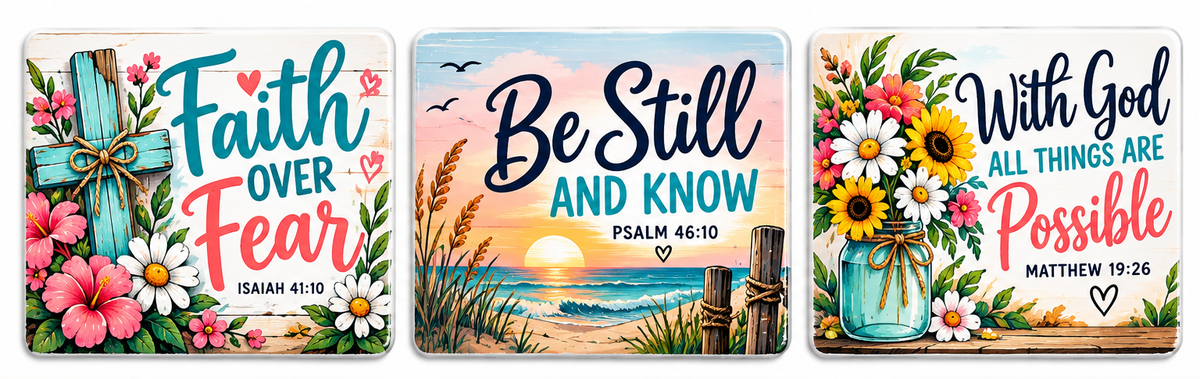 Set of three faith and encouragement PVC magnets on a clean white background