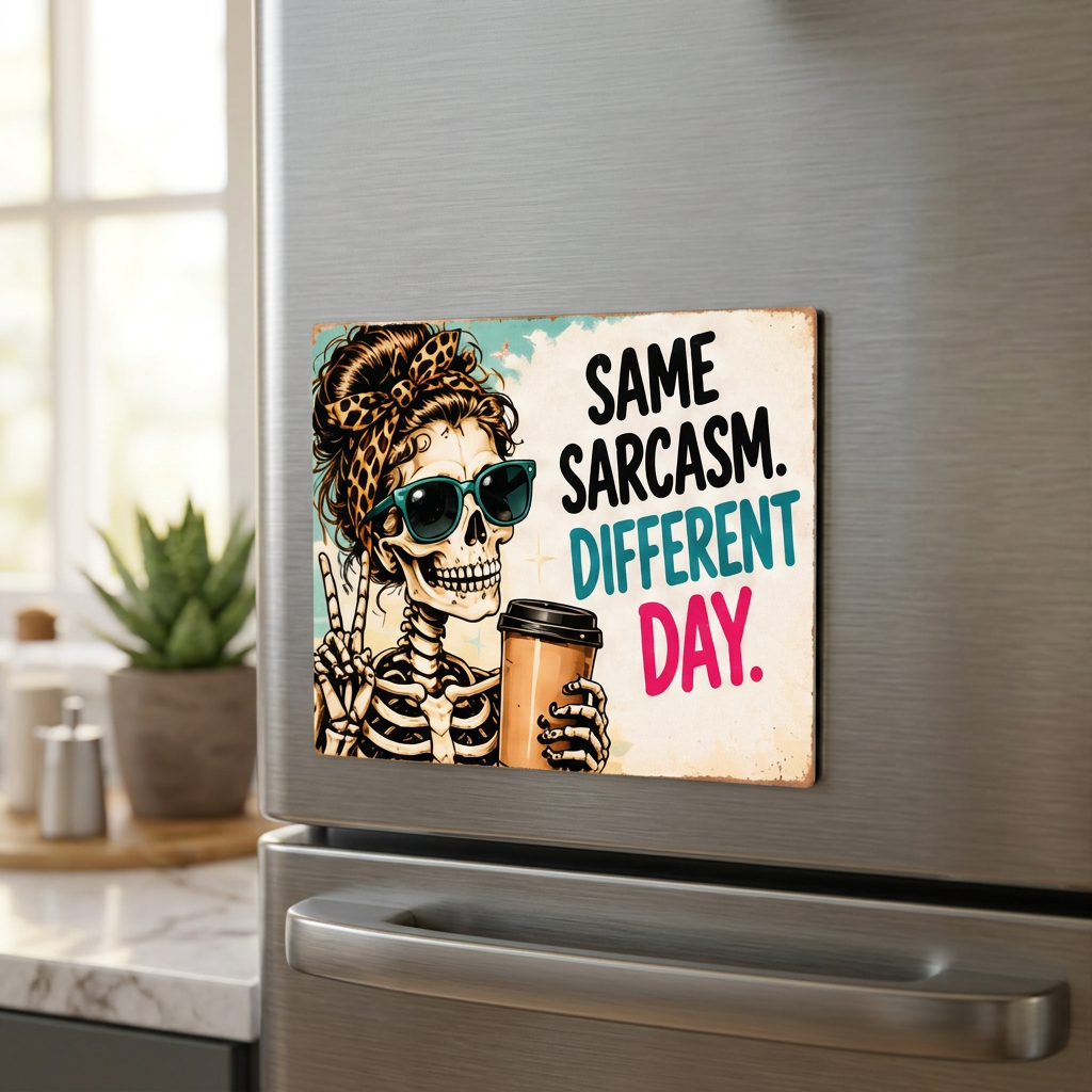 Magnet on a stainless steel fridge in a warmly lit kitchen