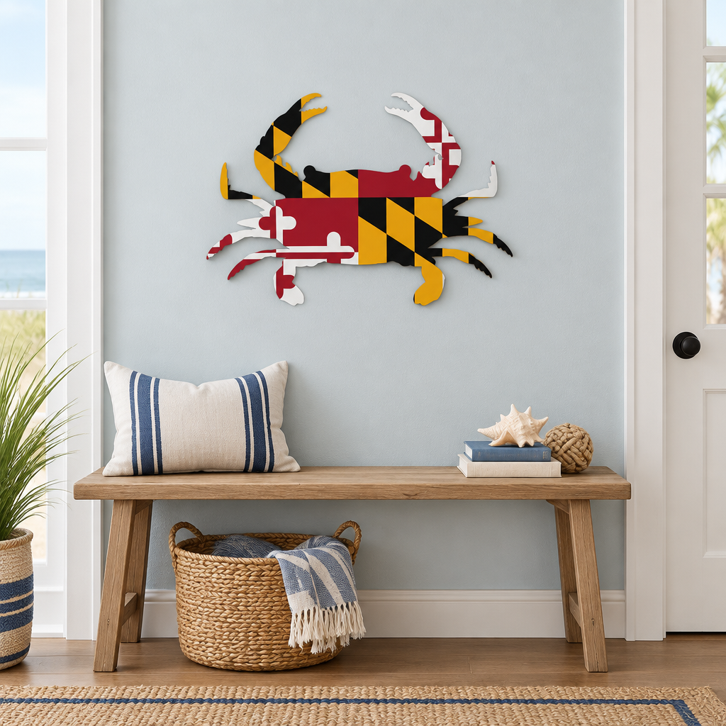 Maryland flag crab wall art in a coastal entryway